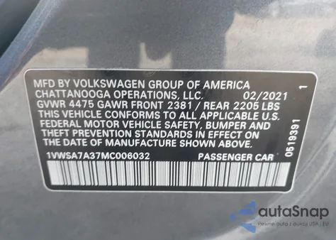 2021 Volkswagen Passat 2.0T Se из США, поврежденный, VIN 1VWSA7A37MC006032